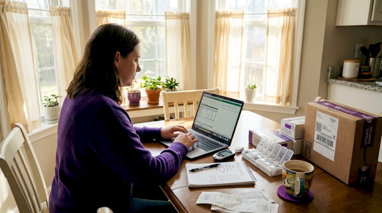 Woman manages diabetes supply budget at kitchen table