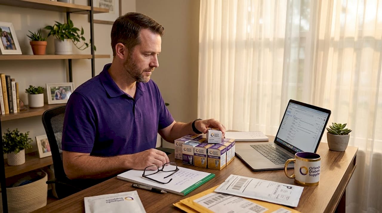 Man organizing test strips at home desk