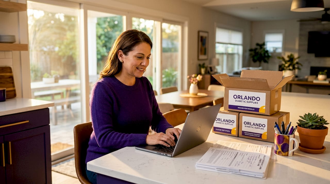 Woman reviewing diabetic supplies and insurance paperwork