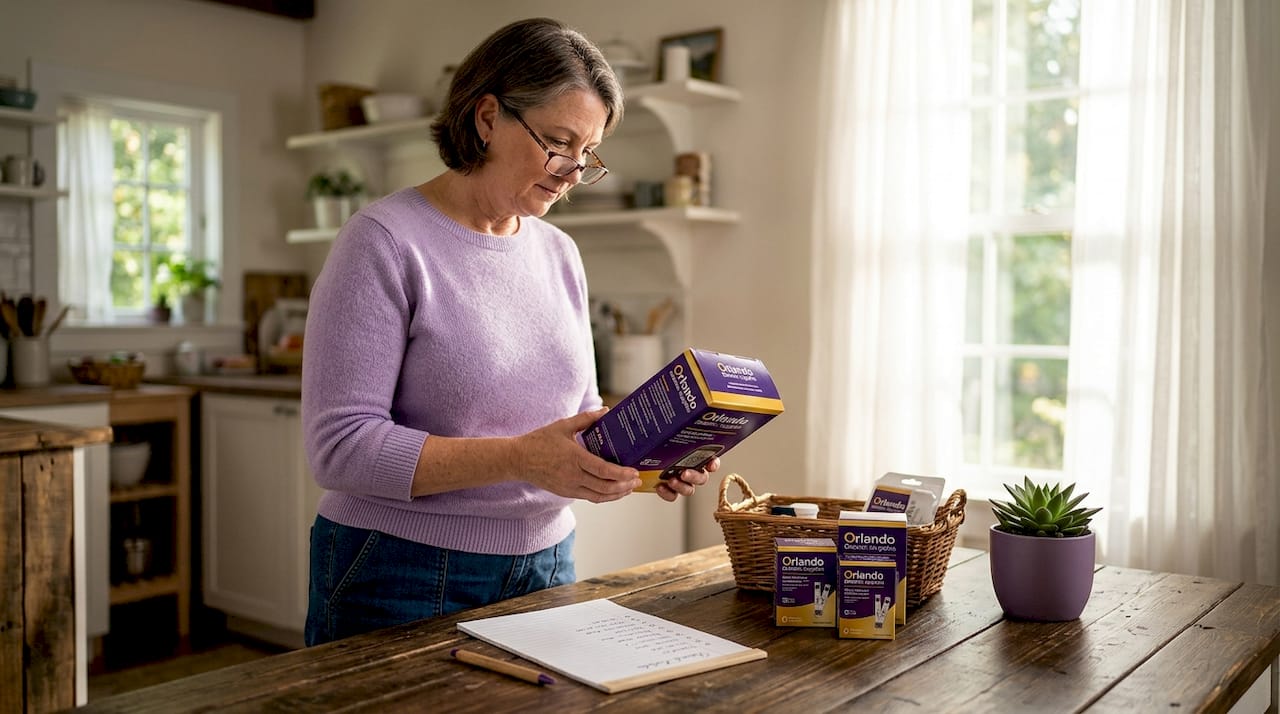 Woman examining sealed diabetic products