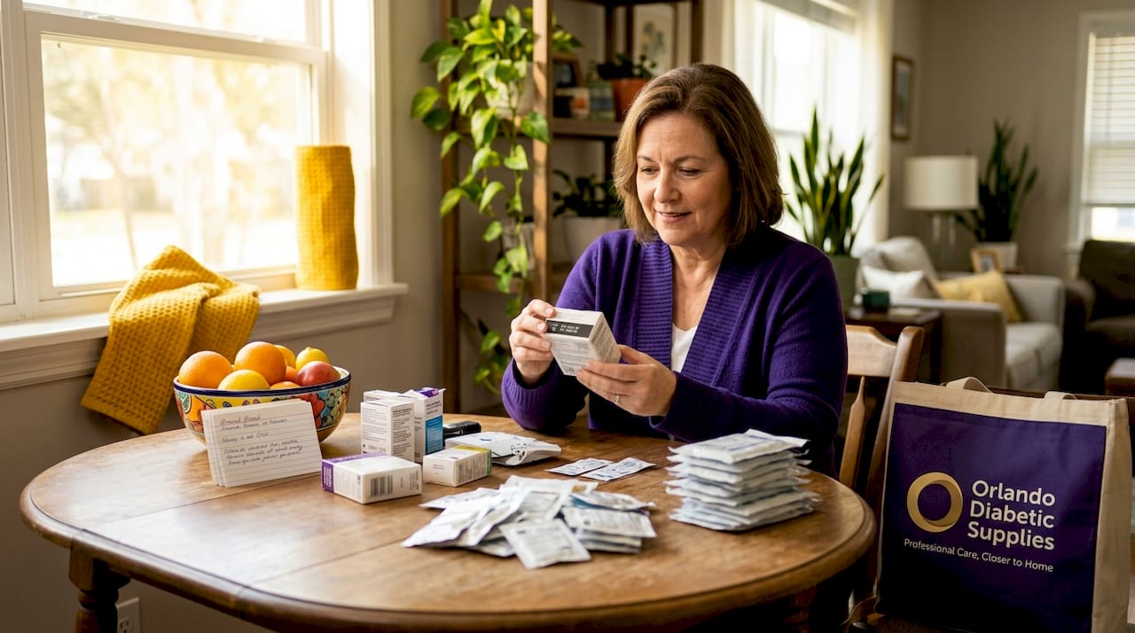 Woman checking diabetic supplies at kitchen table