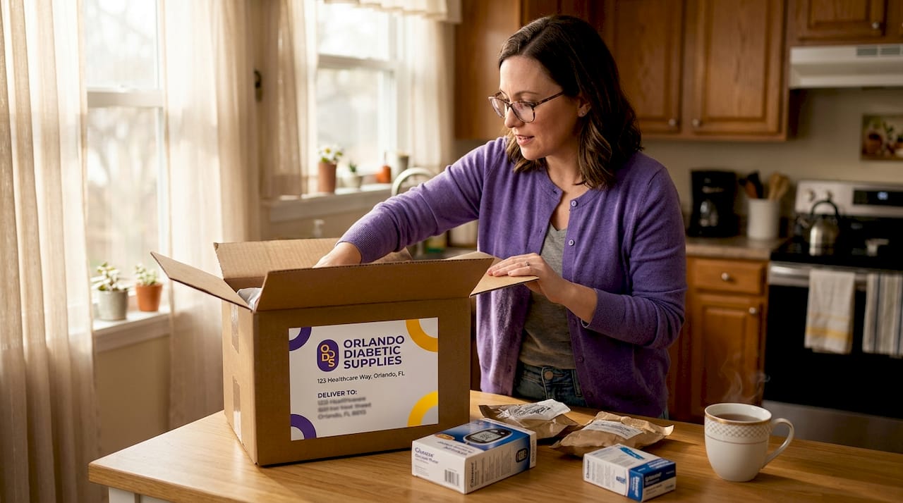 Person unpacking diabetic supplies in kitchen