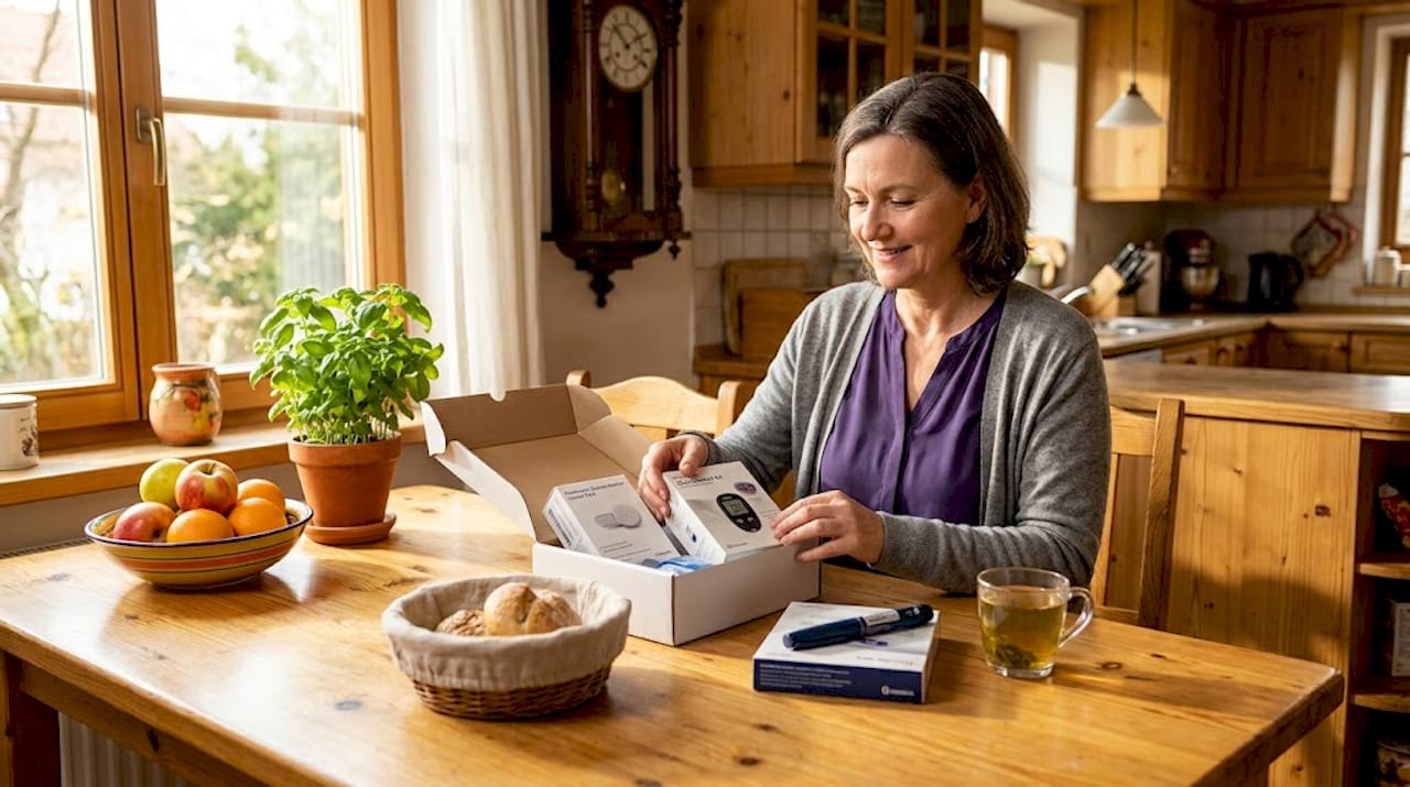 Woman sorting diabetic supplies on kitchen table