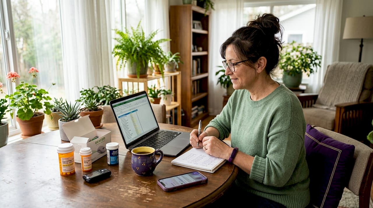 Woman updating diabetic supply checklist at home