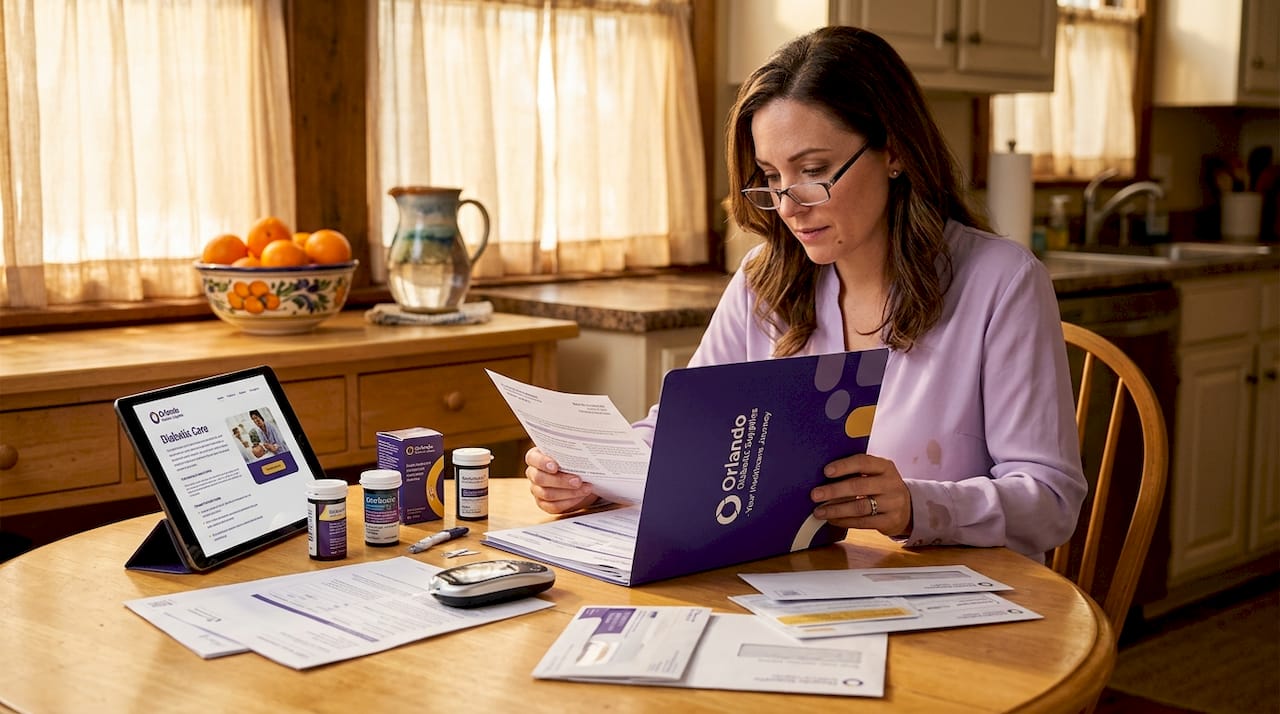 Woman reviewing diabetic supply insurance documents