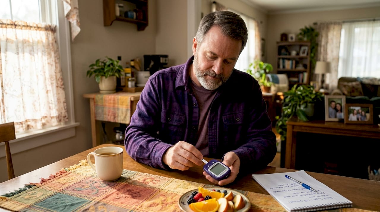 Man using diabetes test strip at kitchen table