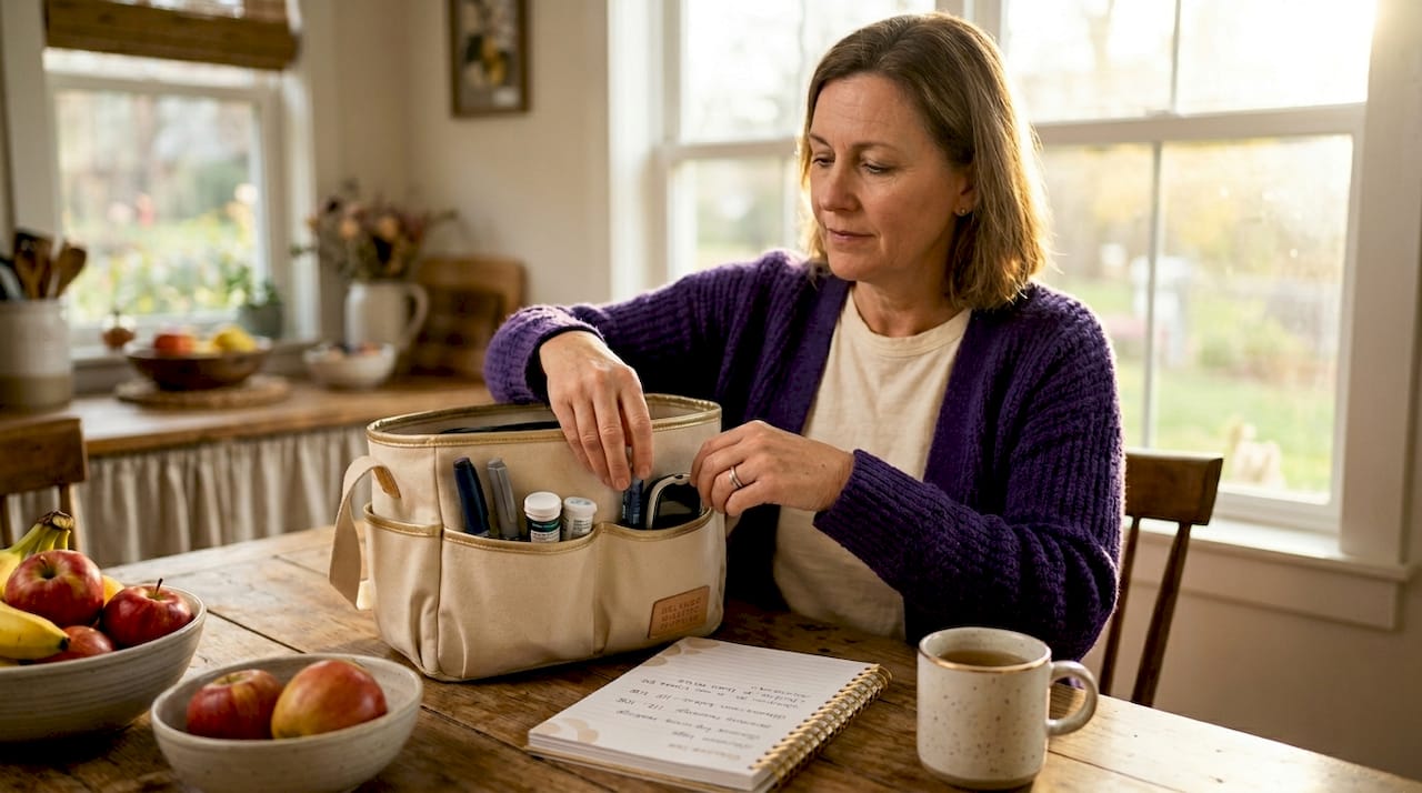 Woman organizing diabetic supplies at kitchen table
