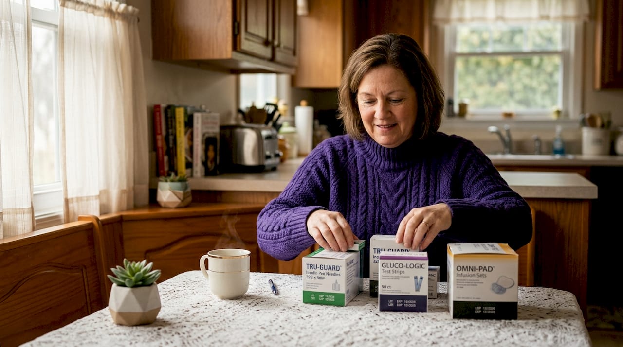 Person organizing diabetic supplies at kitchen table
