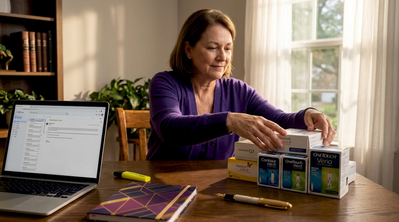 Person sorting diabetes supplies at home desk