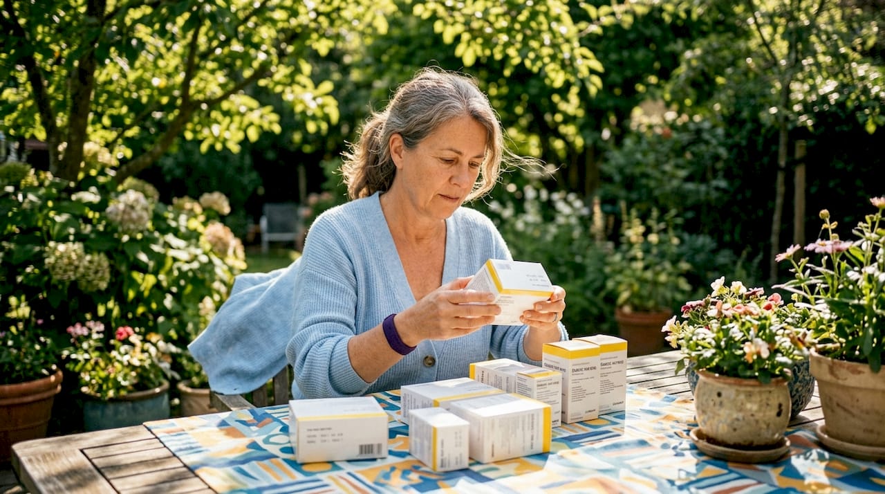 Woman organizing diabetic supplies at home