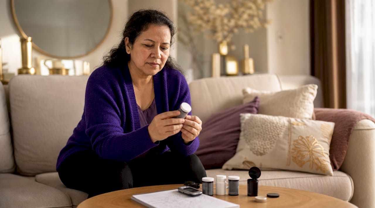 Woman checking expiration date on test strips