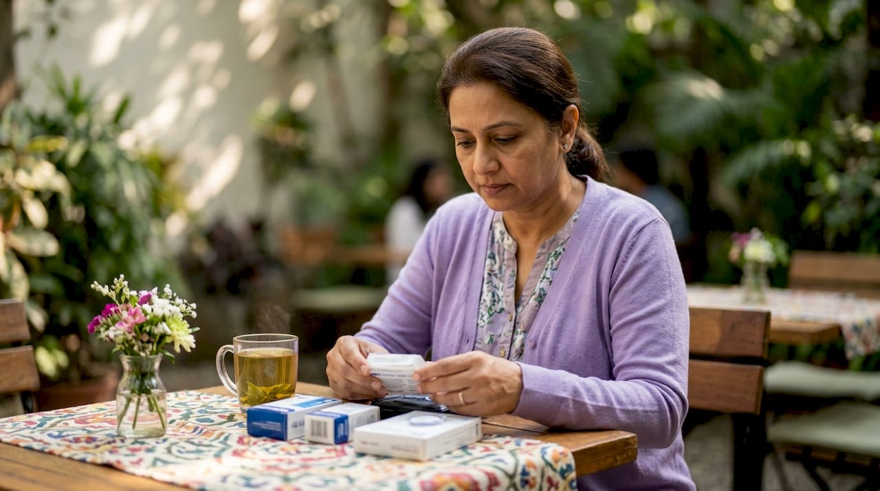 Woman reviewing diabetic supplies at kitchen table