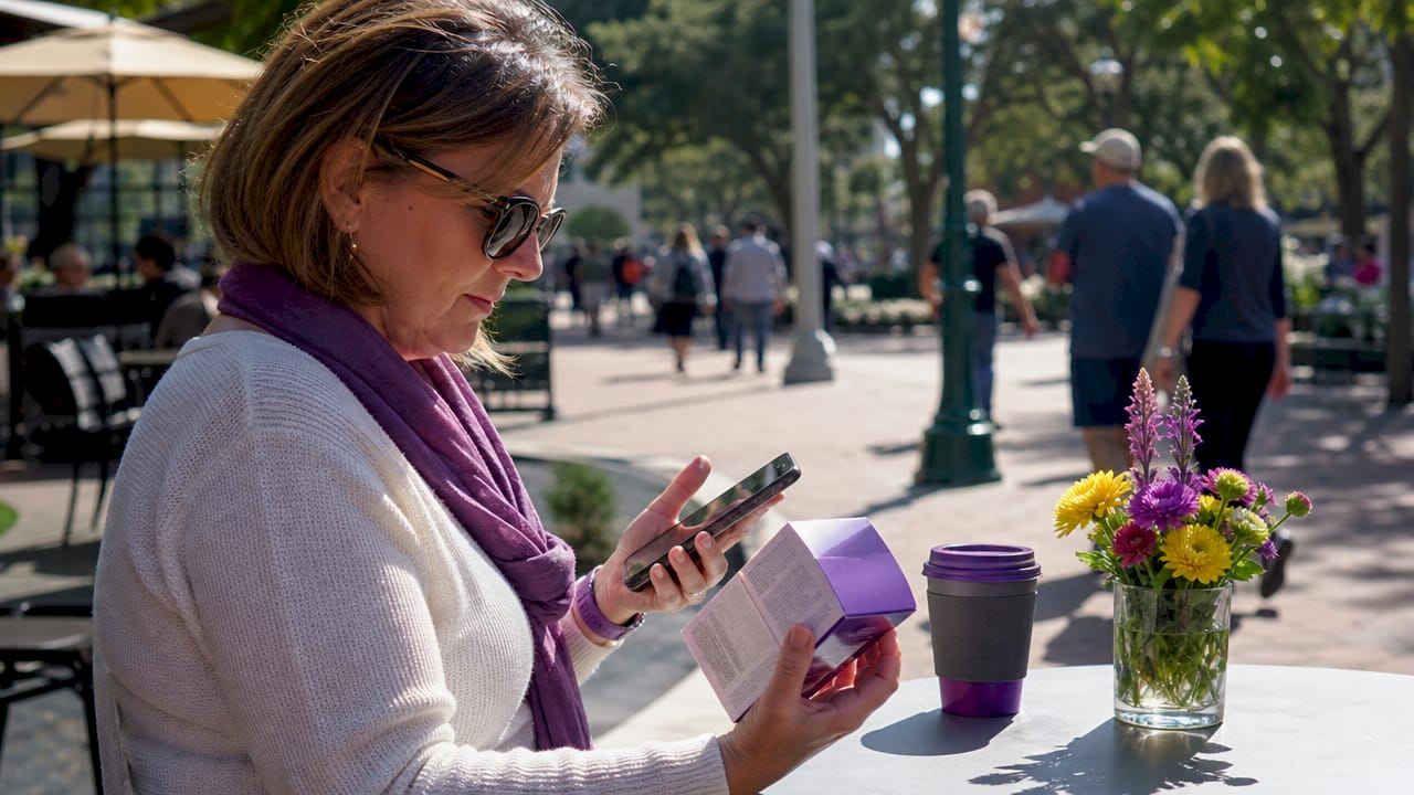 Woman reviewing diabetic test strip pricing at table
