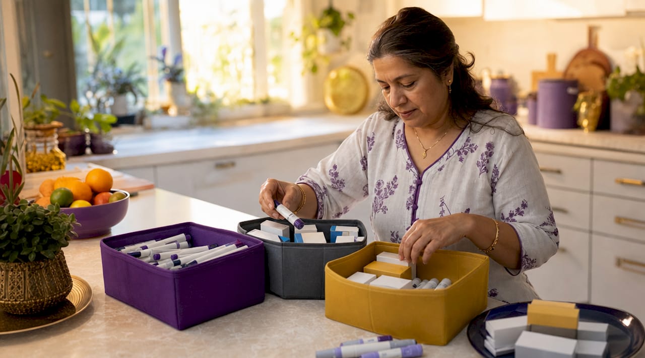 Woman organizing diabetes supplies in home cabinet