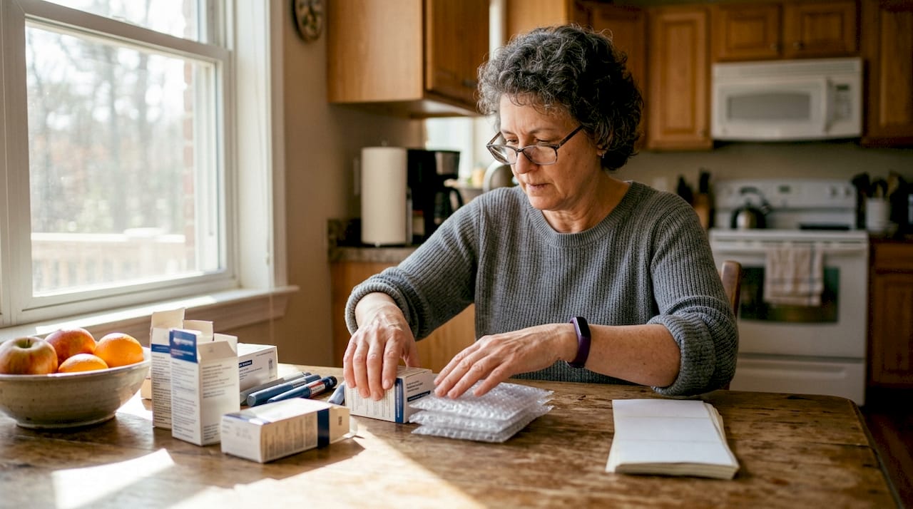 Woman sorting diabetic supplies at home table