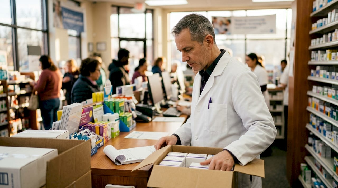Pharmacist packing diabetic test strips for shipment