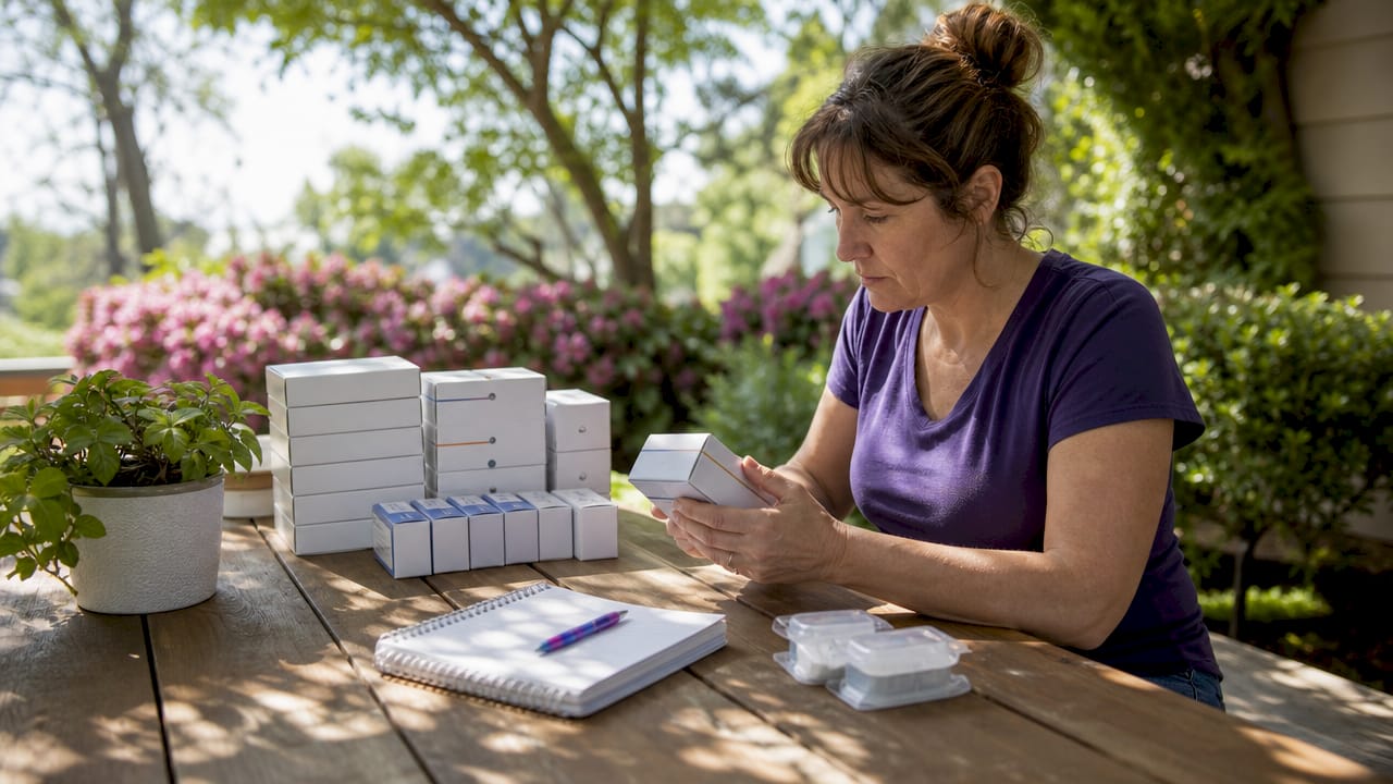Woman checking factory-sealed diabetic supplies