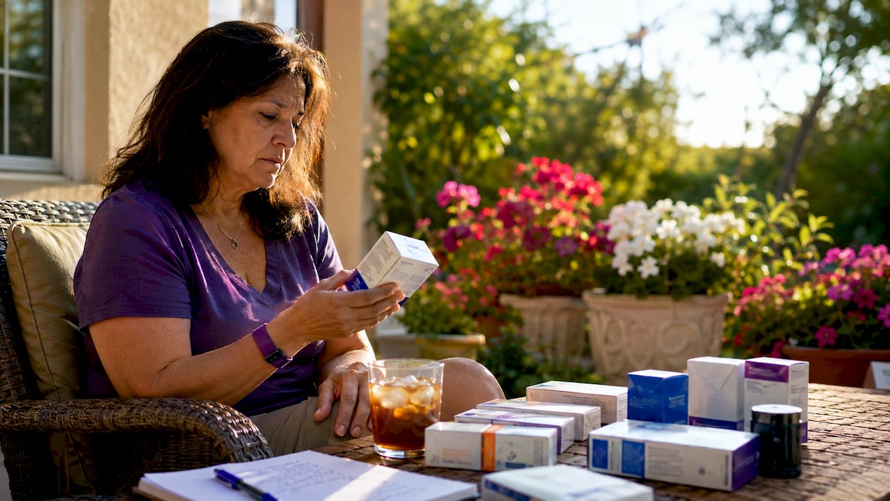 Woman organizing diabetic supplies at kitchen table