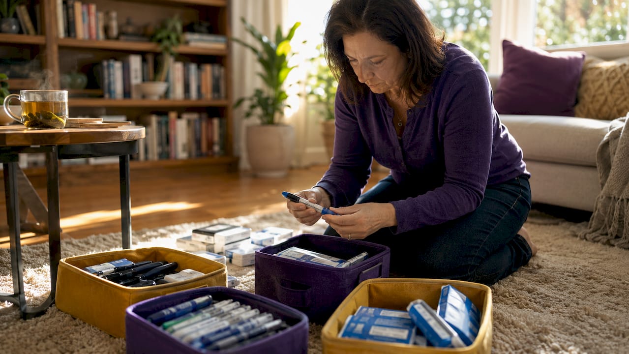 Woman reviewing unused diabetic supplies at home