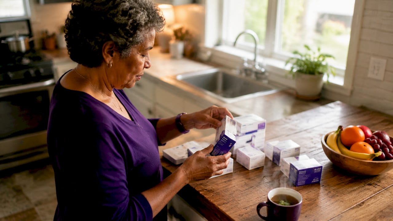 Woman sorting diabetic supplies at home table