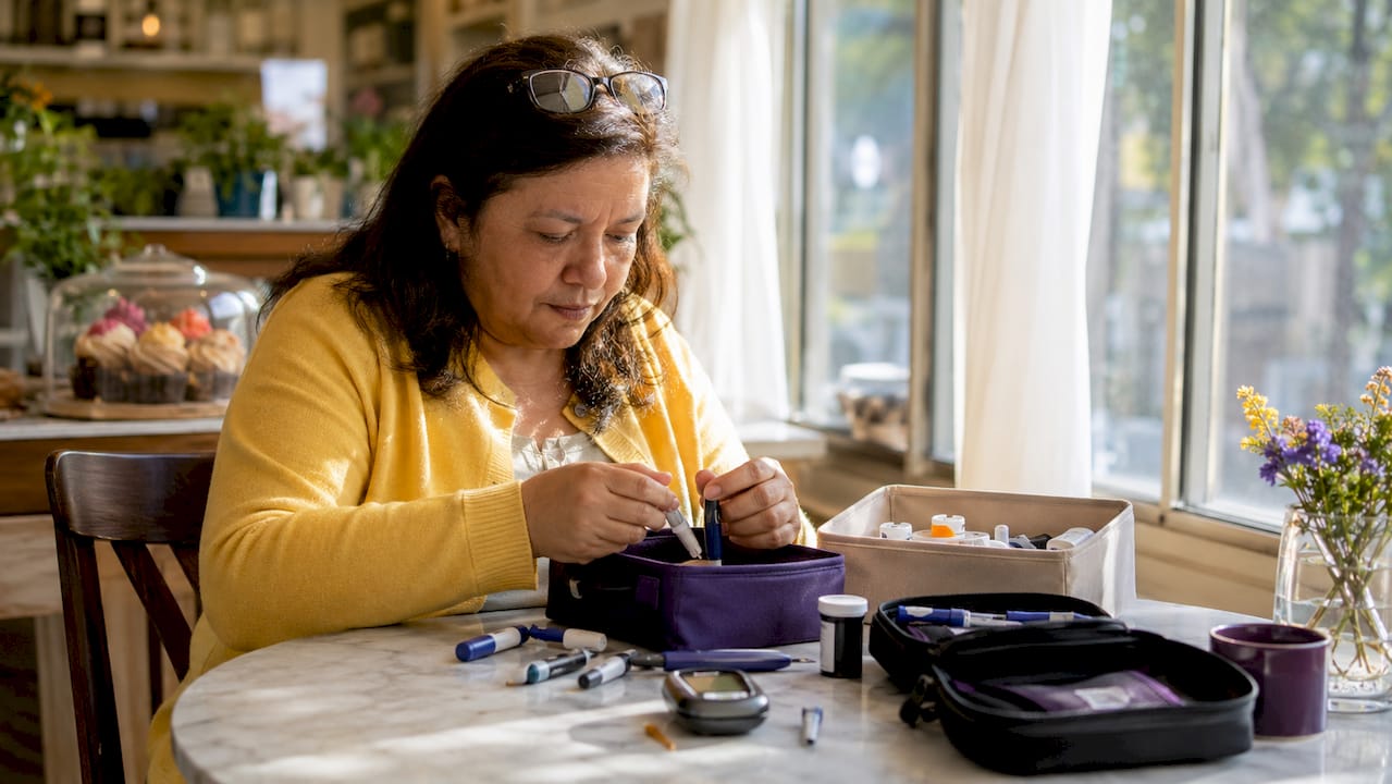 Woman organizing diabetic supplies at home