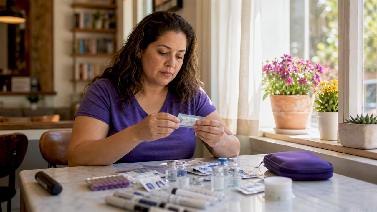 Woman inspecting expired diabetic supplies at home