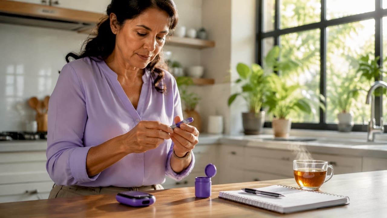 Woman testing blood glucose with meter