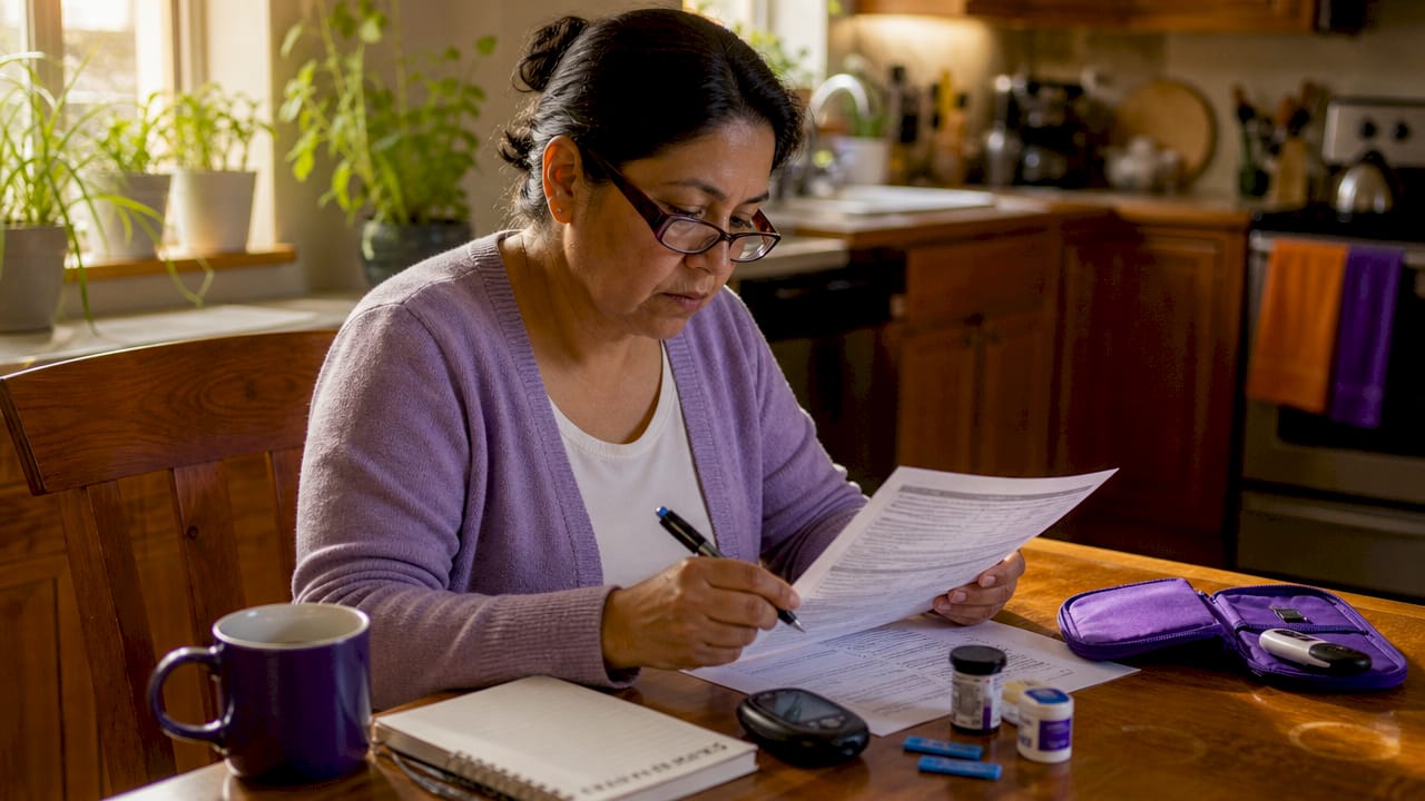 Woman reviewing diabetic supply formulary at kitchen table