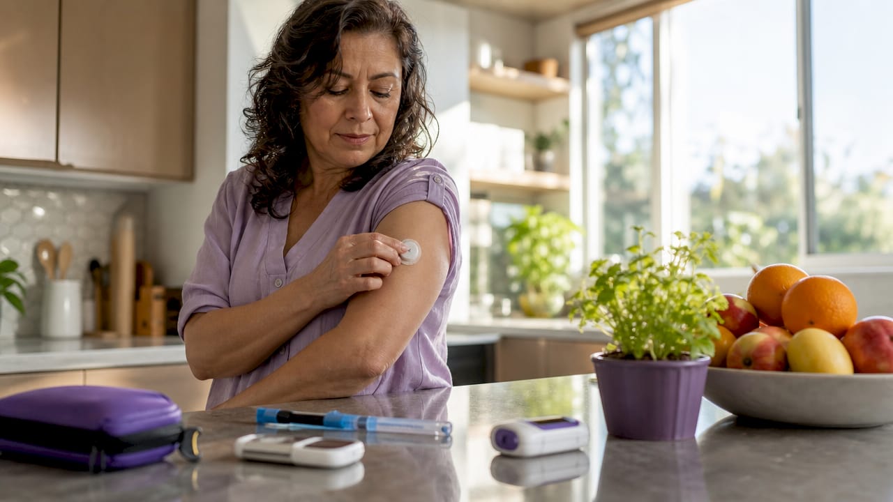 Woman using multiple diabetes devices at kitchen table