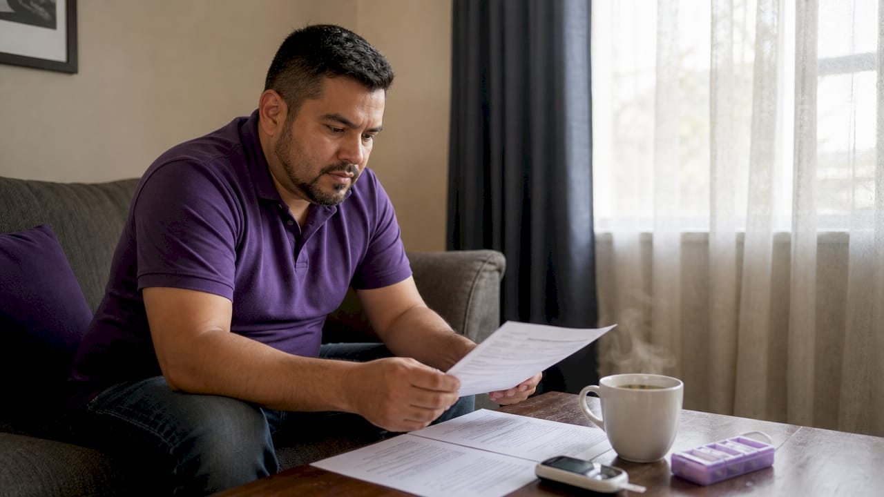 Man reviewing diabetes prescription at home table