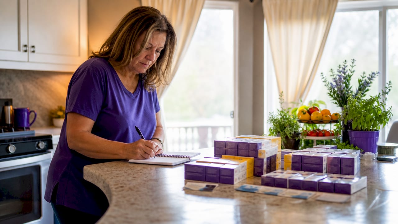 Person reviewing diabetic supplies at home desk