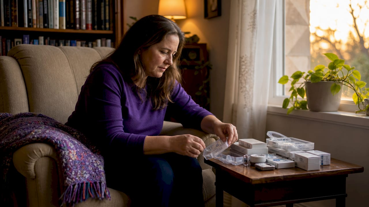 Woman organizing diabetic supplies at home desk