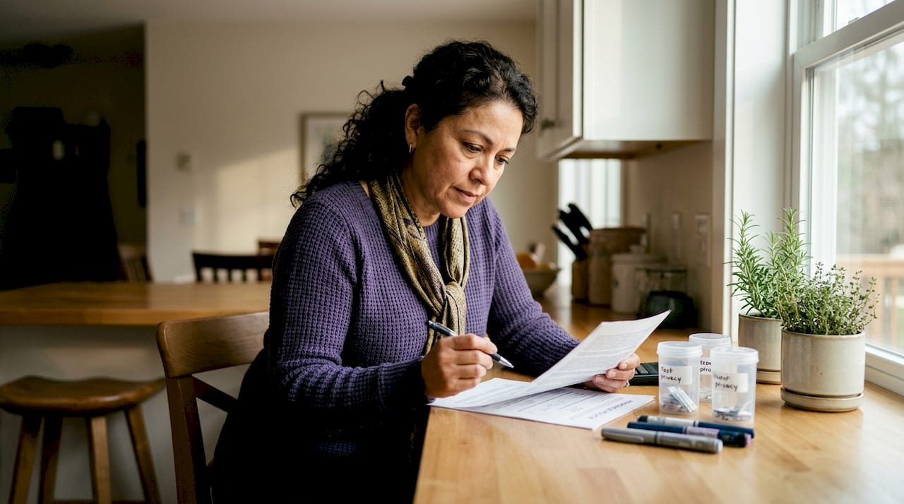 Woman reviewing diabetic supplies with insurance documents