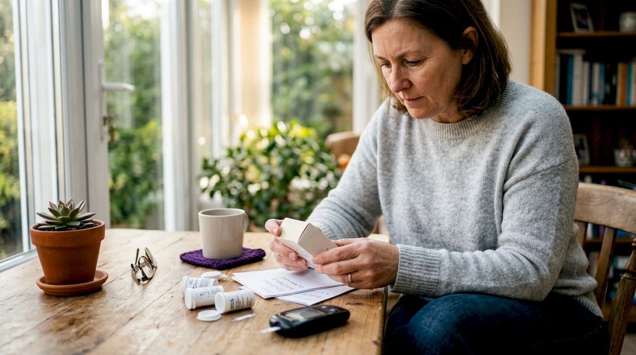Woman reviewing diabetic test strips and expiration date