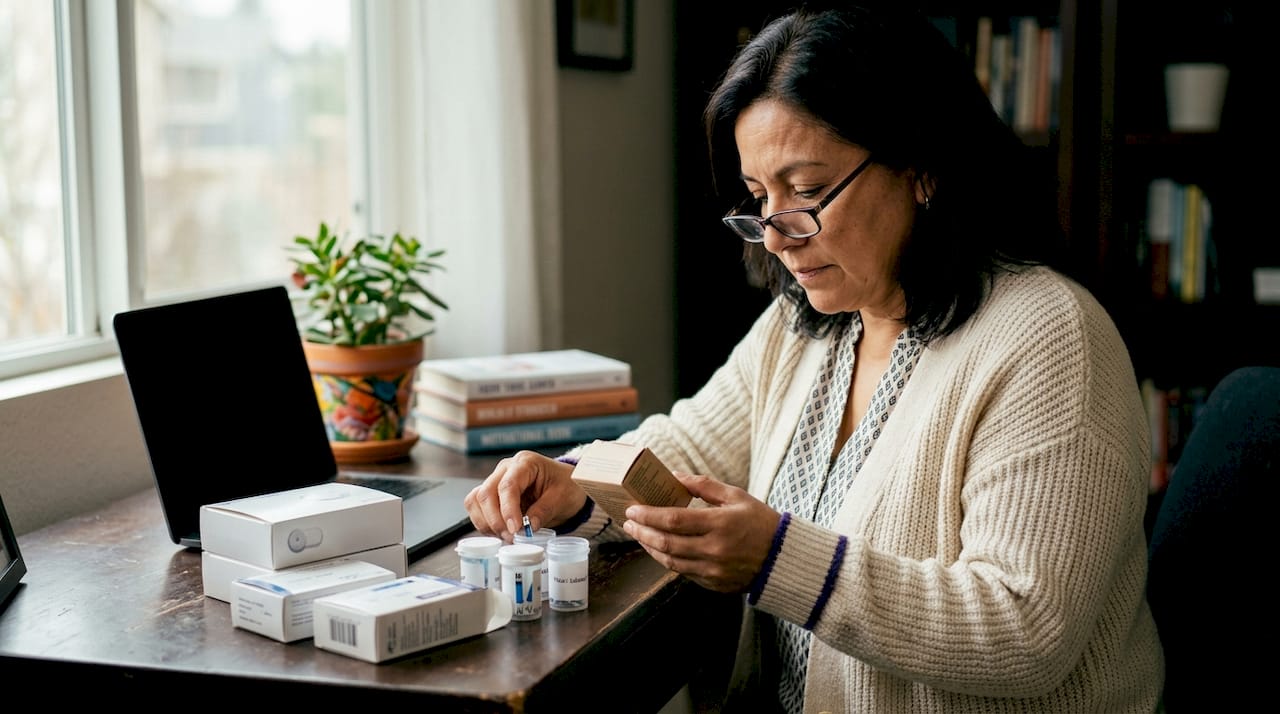 Woman organizing diabetic supplies at kitchen table