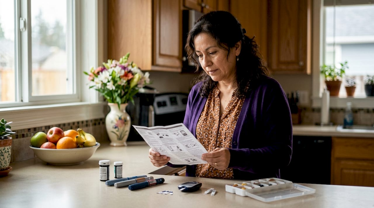 Woman reviewing diabetes medication supplies at kitchen table
