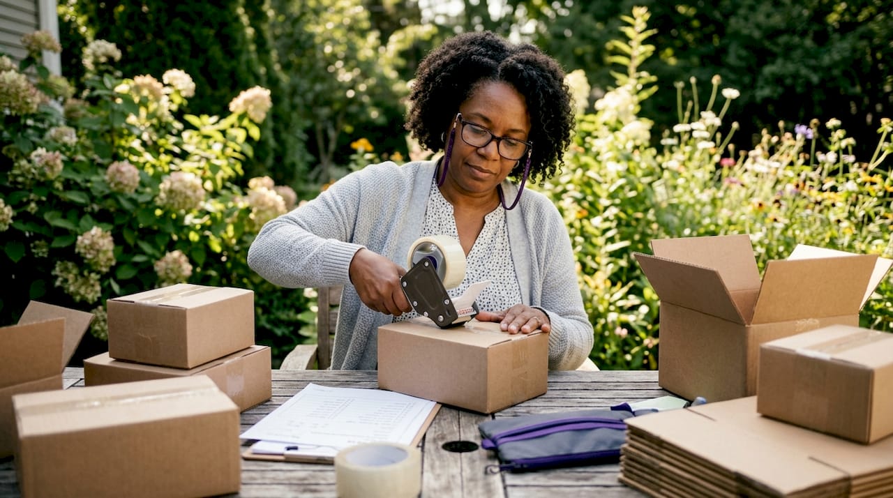 Person packing diabetes supplies for shipment