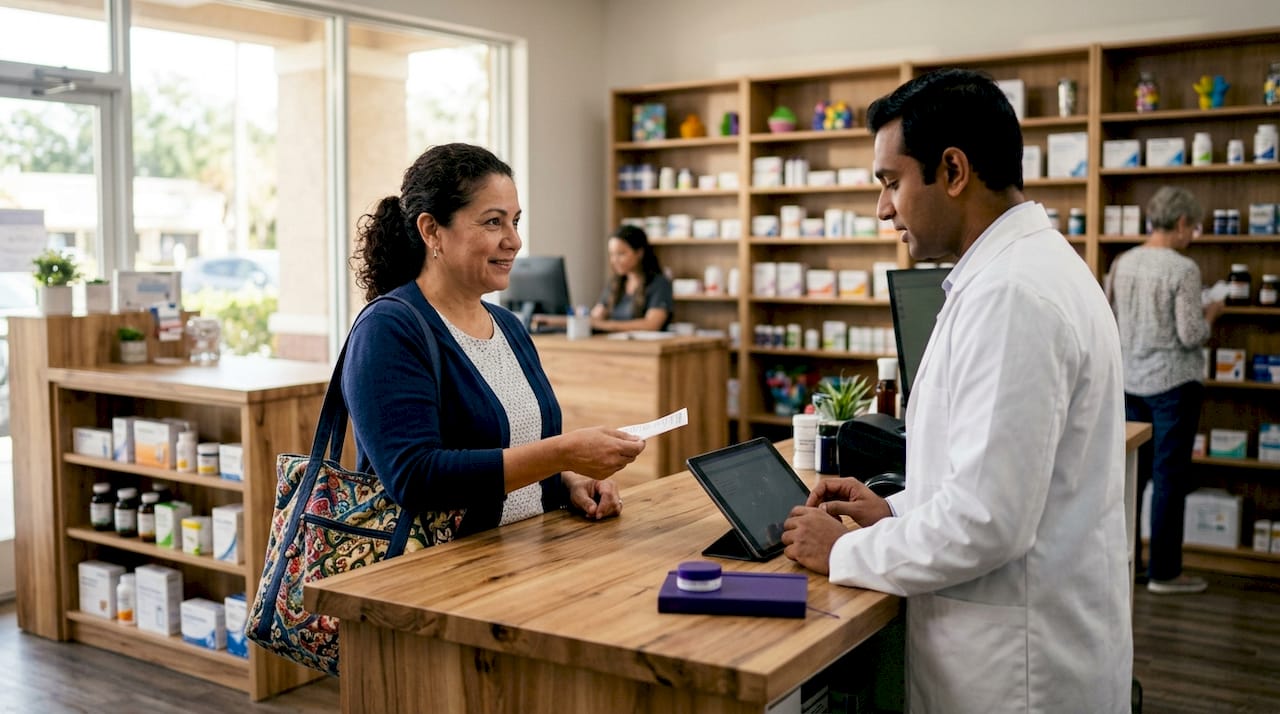 Patient collecting diabetic supplies at pharmacy counter