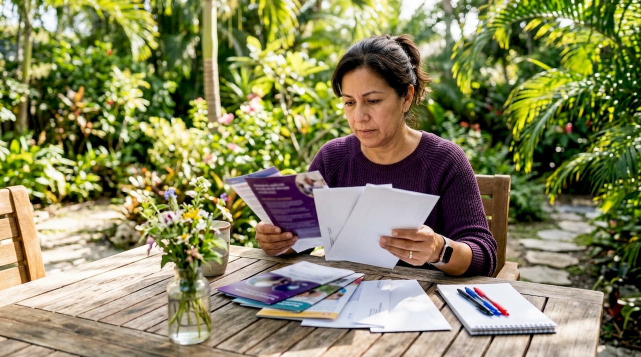 Woman organizing diabetes assistance paperwork at table