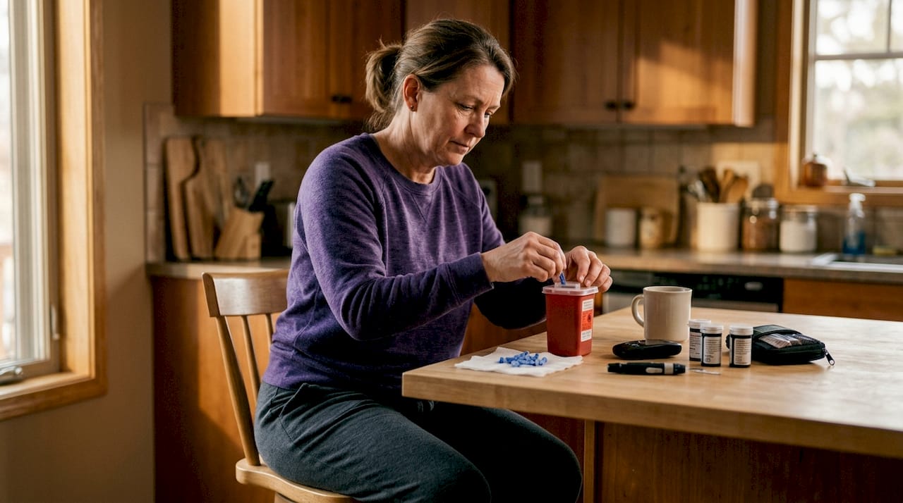Woman disposing used lancets safely at home
