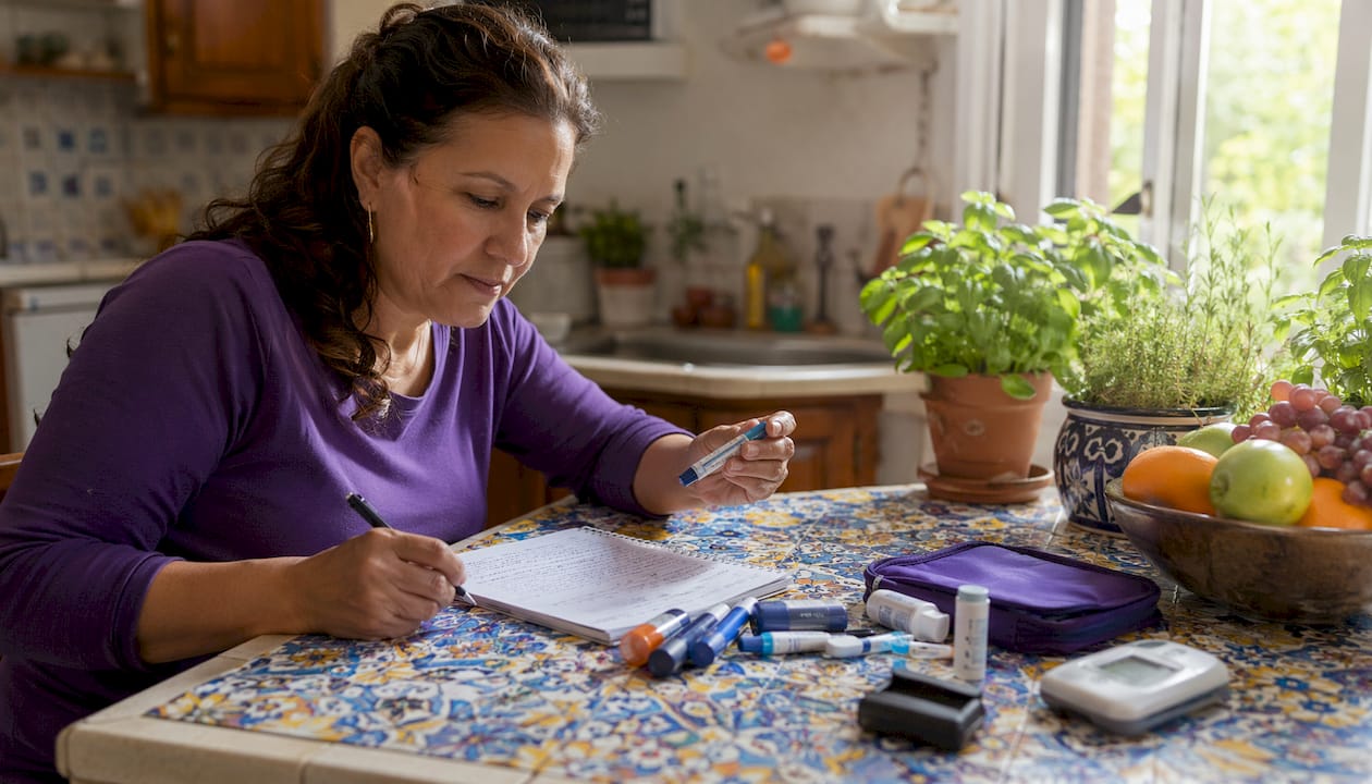 Woman organizing diabetes supplies at home