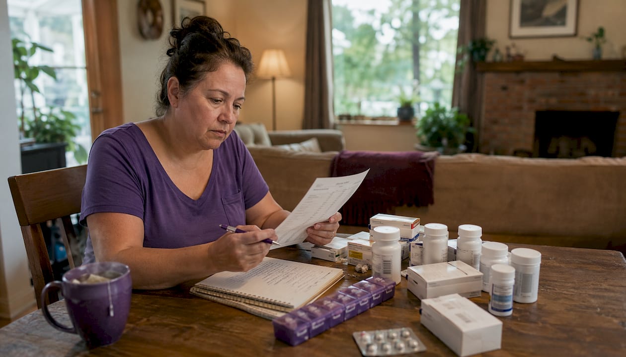 Woman organizing diabetes medications at home kitchen table
