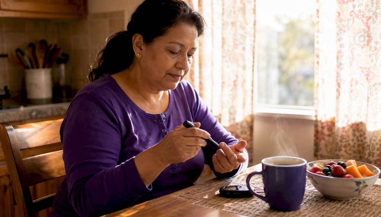 Woman checking blood glucose at kitchen table