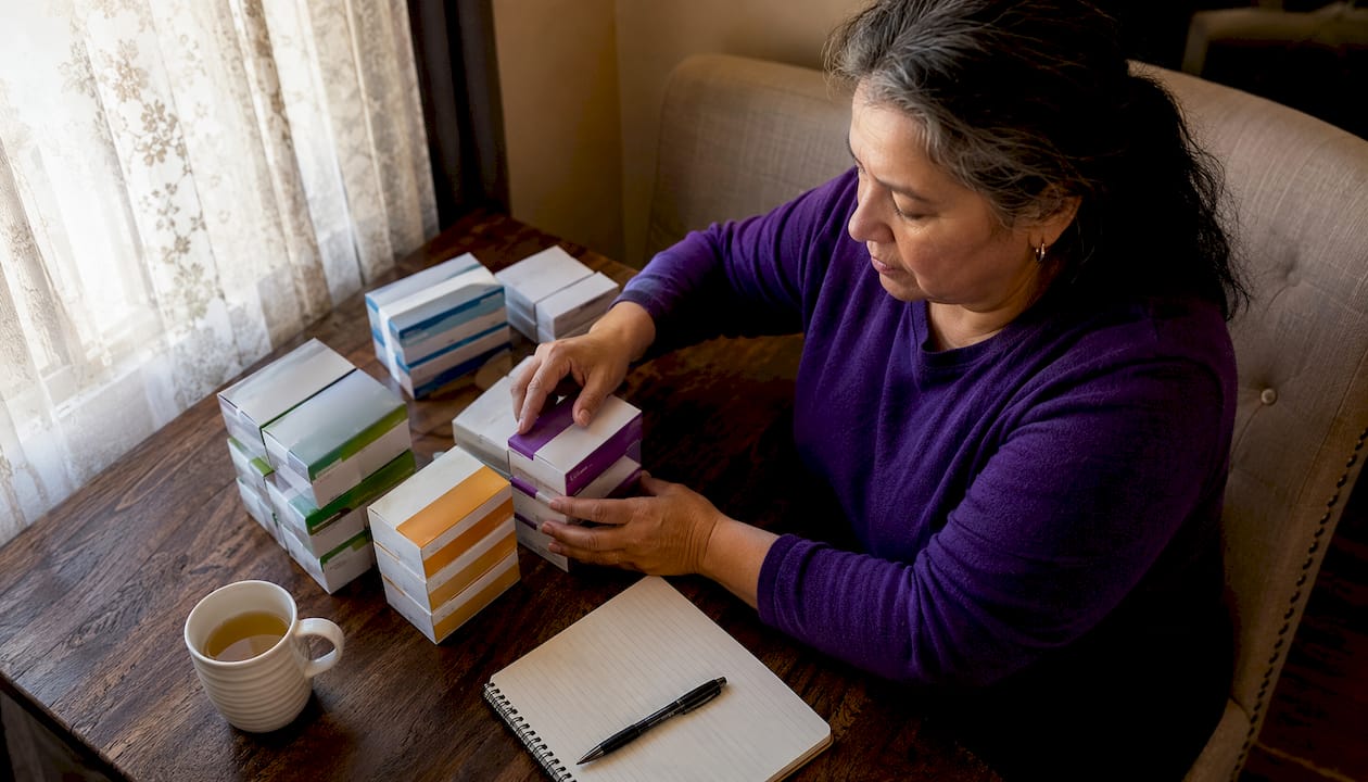 Woman organizing sealed diabetic supplies at kitchen table