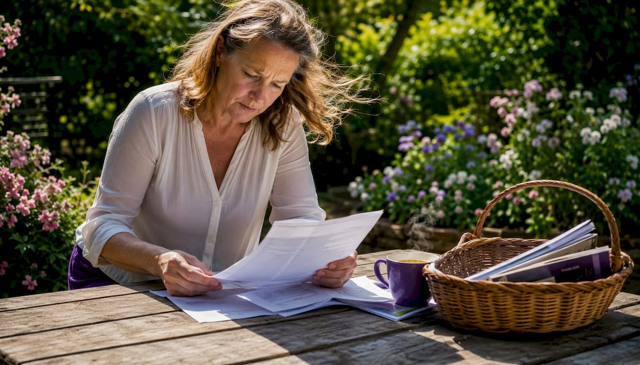 Woman comparing diabetic supply invoices at home table