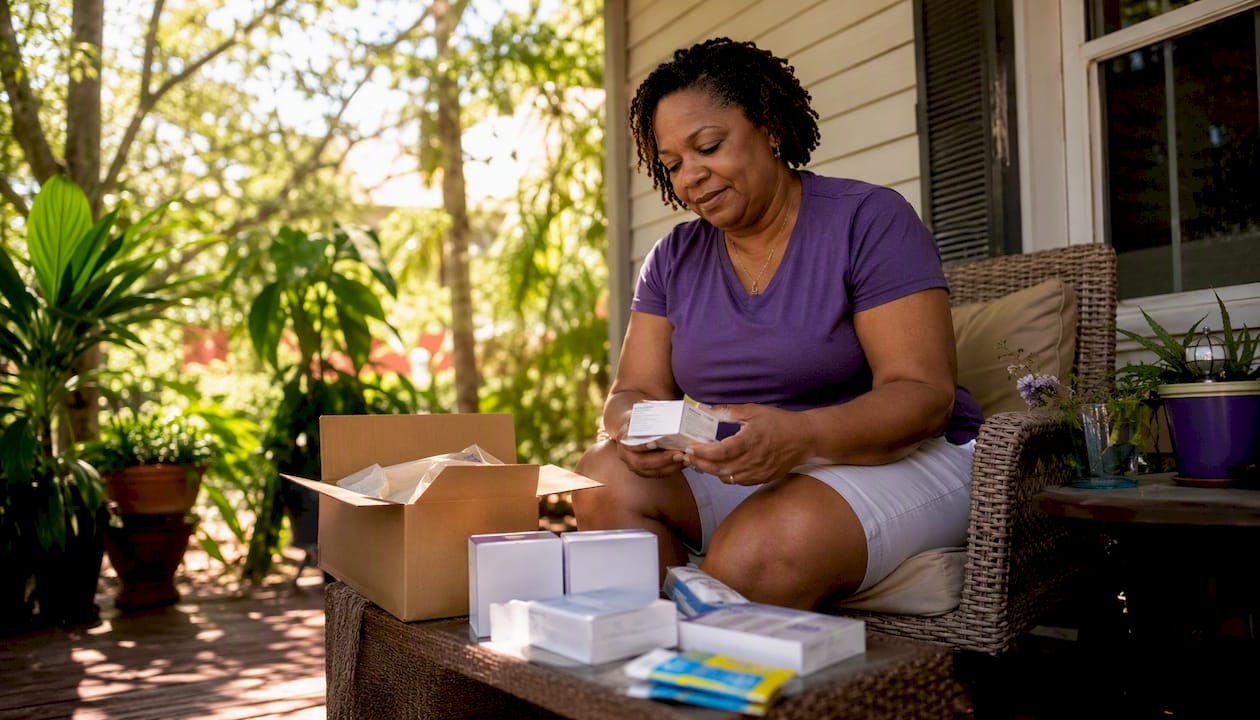 Woman sorting diabetic supplies at kitchen table