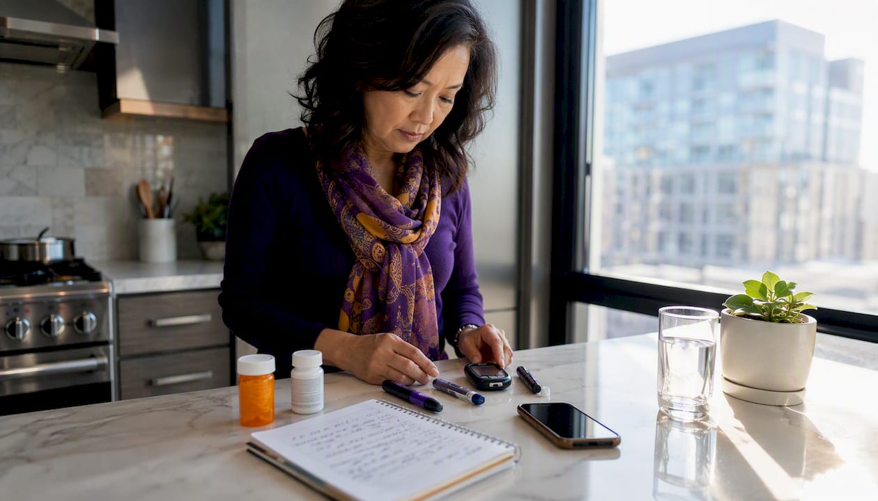 Woman reviewing diabetes technology devices