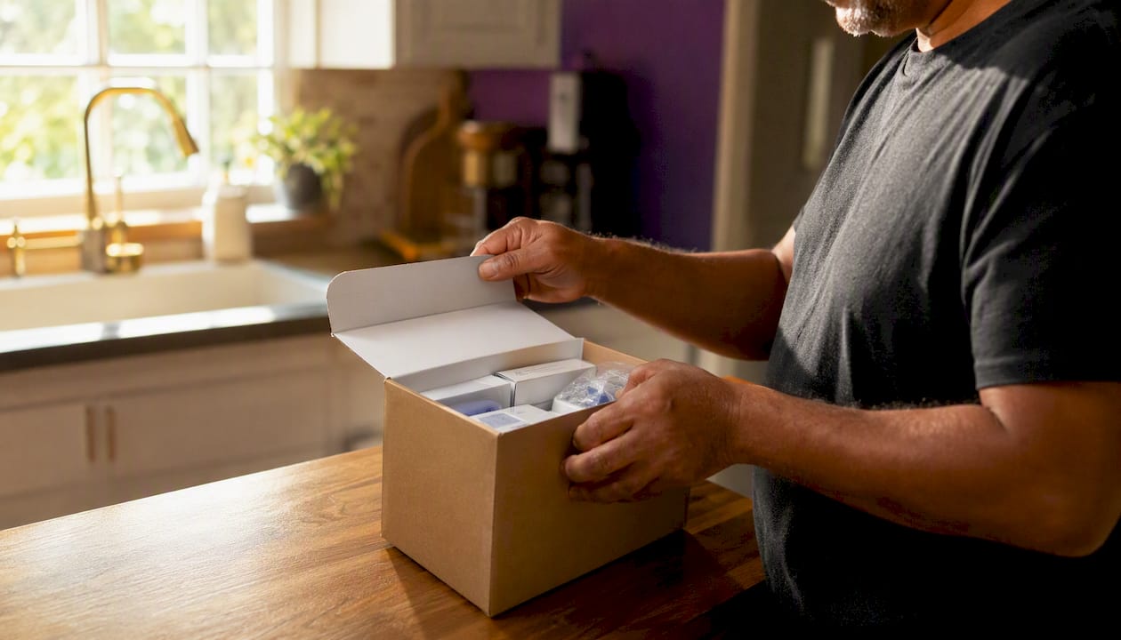 Hands inspecting sealed diabetic supply boxes