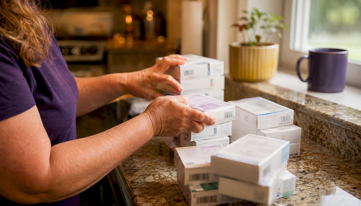 Hands sorting sealed diabetic supply boxes