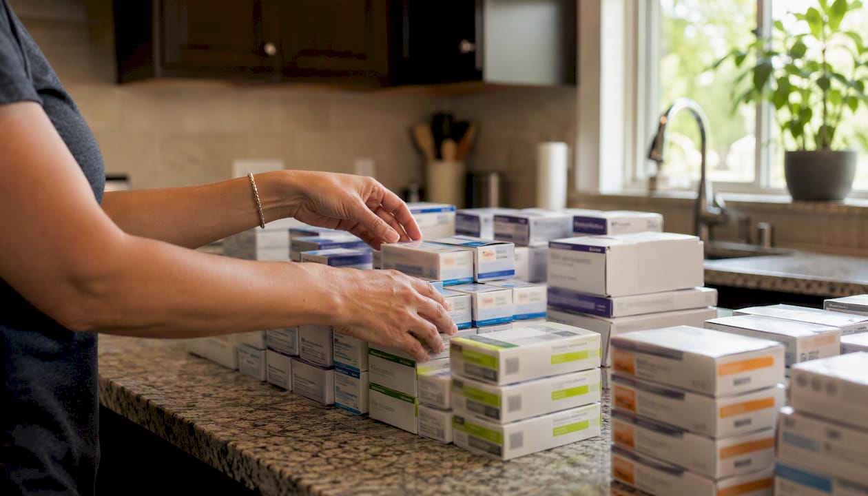 Hands grouping diabetic supplies by brand and date